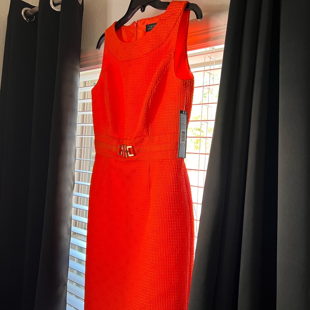 Tahari ASL Bold Orange Belted Midi Dress - Picture 3 of 3